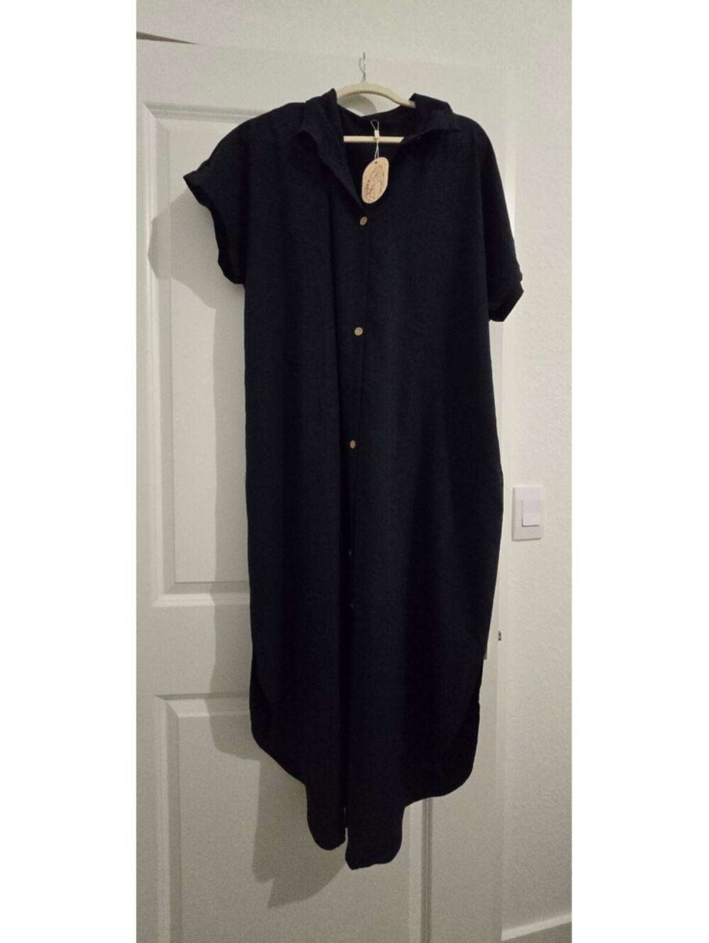 XXL Dark Navy Button-Up Maxi Dress with Short Sleeves and Collar